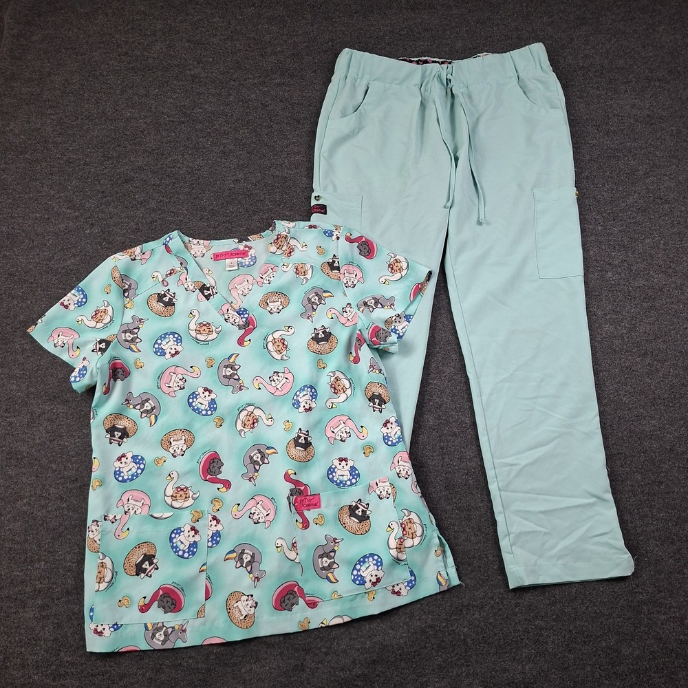 Betsey Johnson Scrub Set Cats and Pups on Floats L Top M Tapered Bottoms Vet Kid